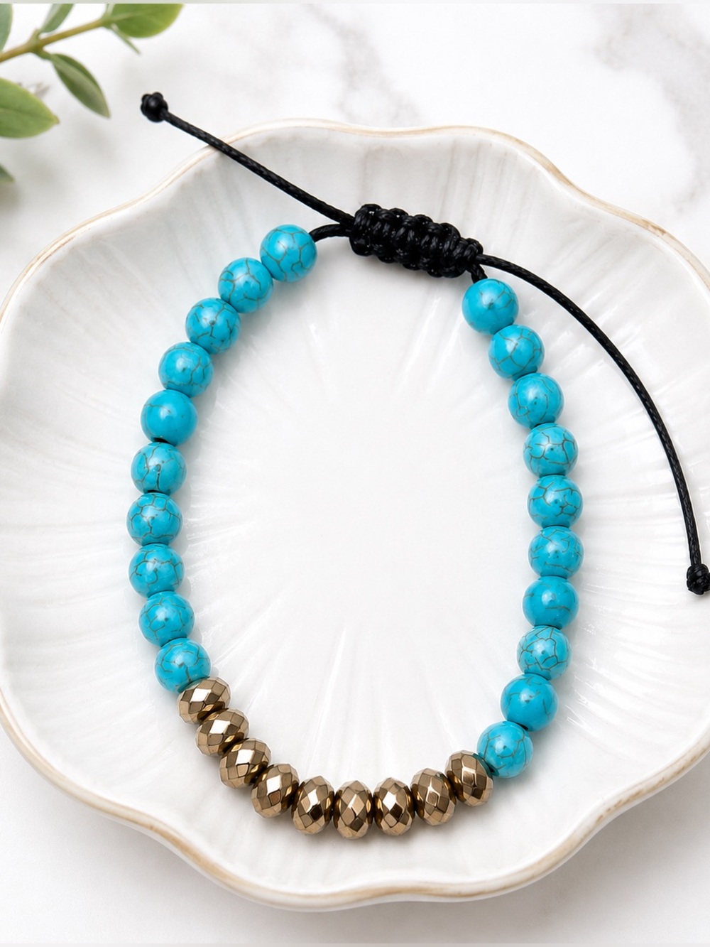 Turquoise & Gold Beaded Adjustable Bracelet Anklet | Boho Beach Jewelry